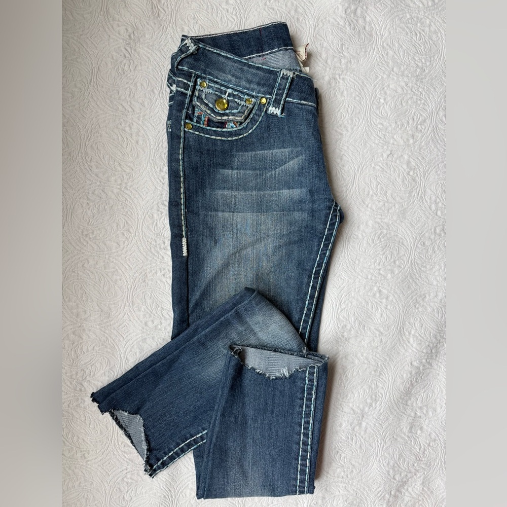 True Religion Joey Super T Low Rise Jeans Rainbow Stitch Denim Jeweled Size 26 - Picture 10 of 13